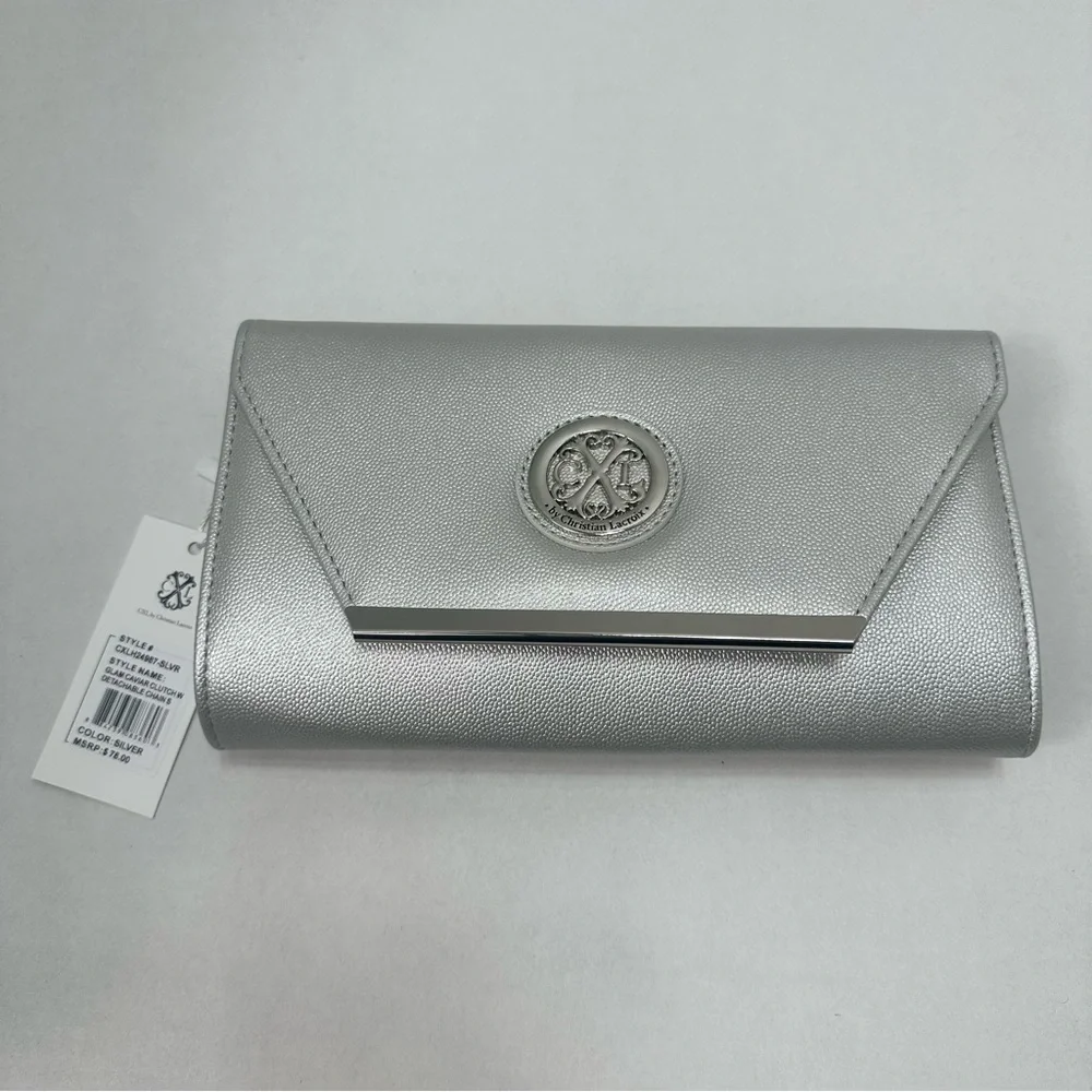 CXL Christian Lacroix Glam‎ Caviar Clutch Bag Detachable Chain Silver New